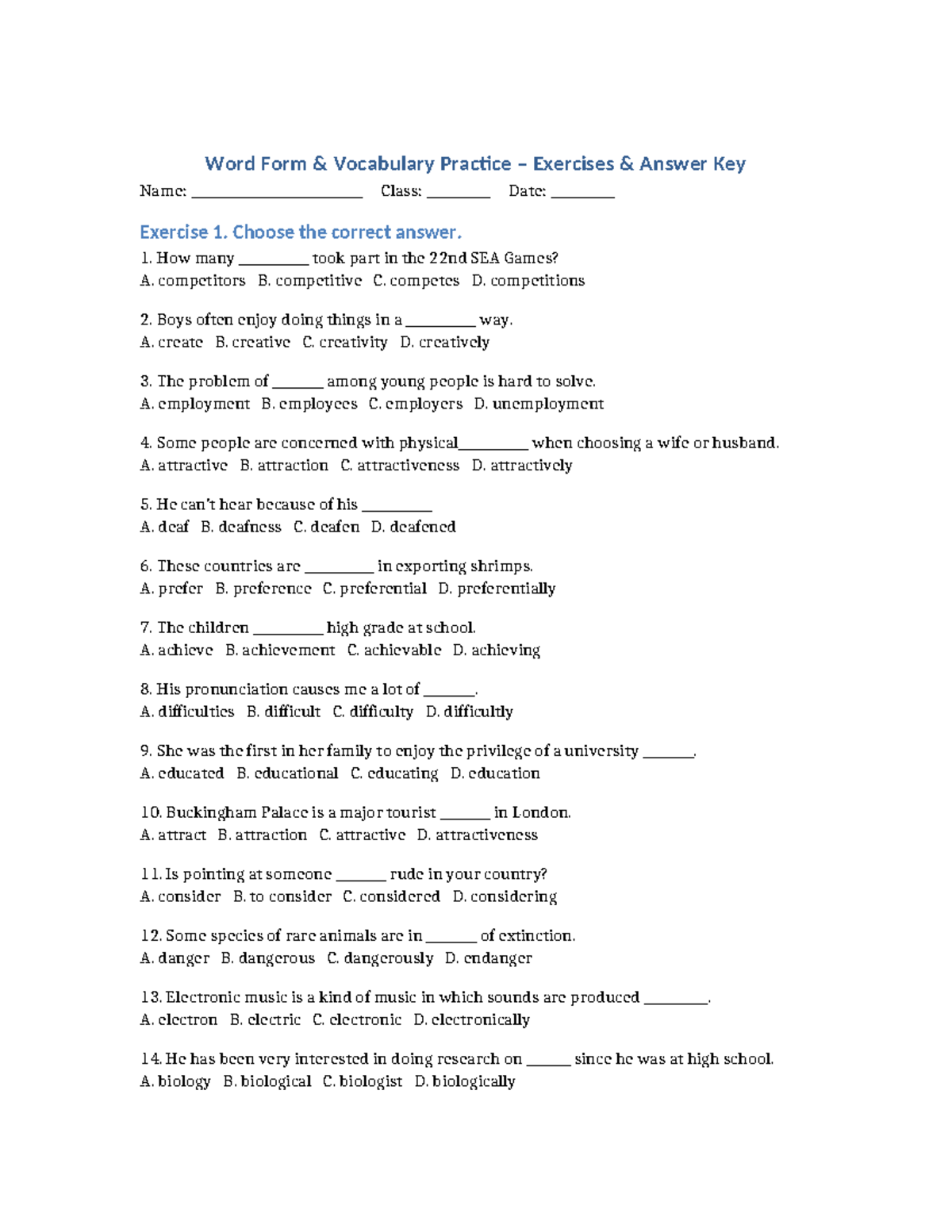 Word Form Vocabulary Practice Exercises Answer Key - Studocu