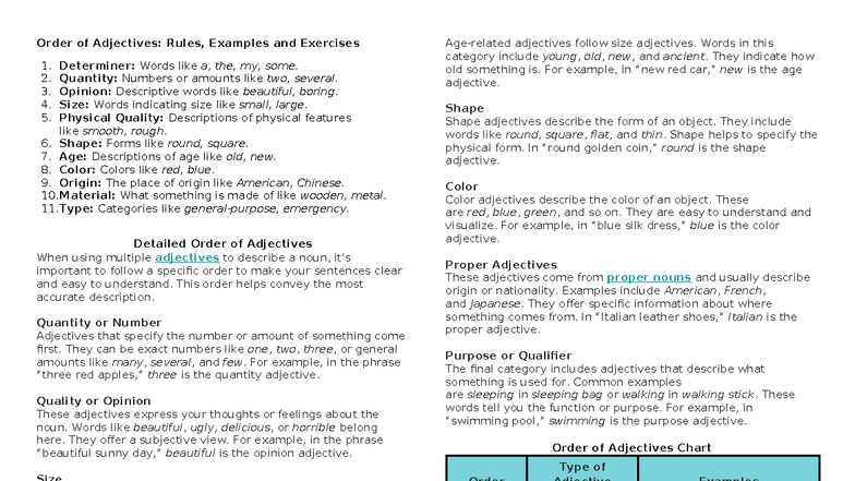 Order of Adjectives: Rules, Examples & Exercises for English 101 - Studocu