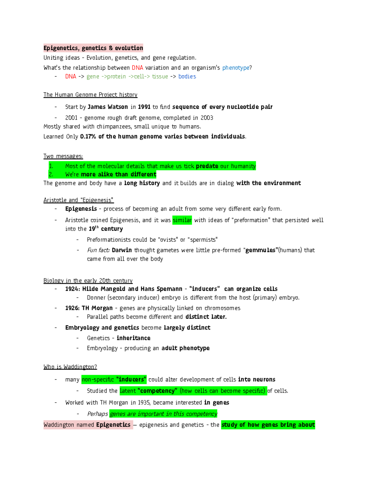 Simple Exam One Lecture Notes - Epigenetics, genetics & evolution ...