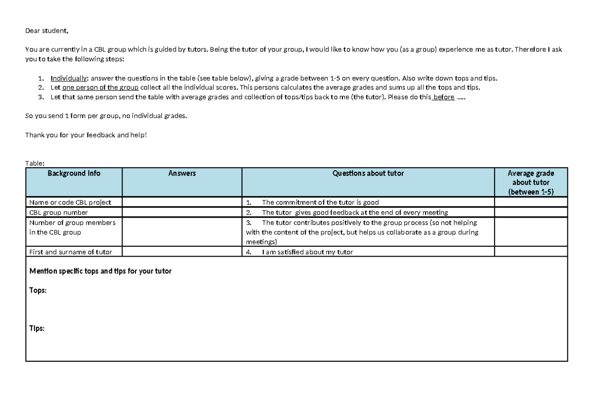 4GC00 2024 Tutor Feedback Review Template for CBL Groups - Studeersnel