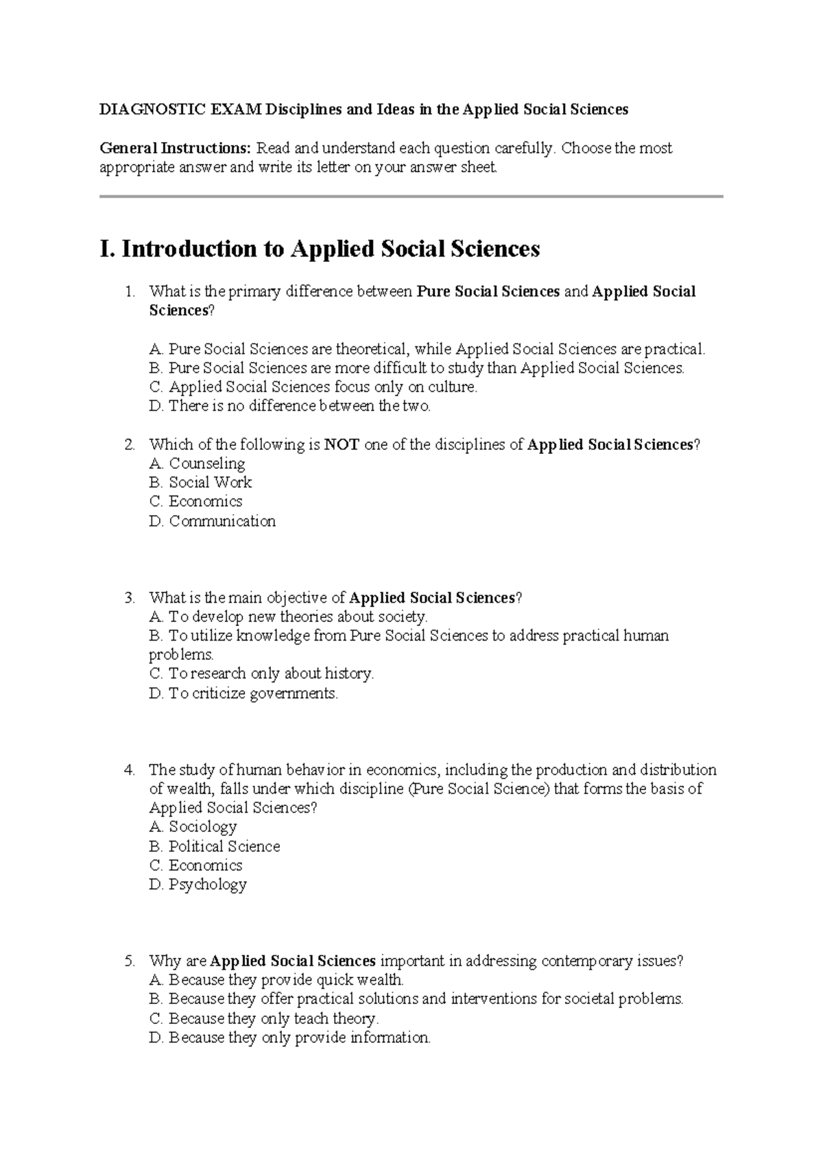 DIAGNOSTIC EXAM: Disciplines in Applied Social Sciences - Studocu