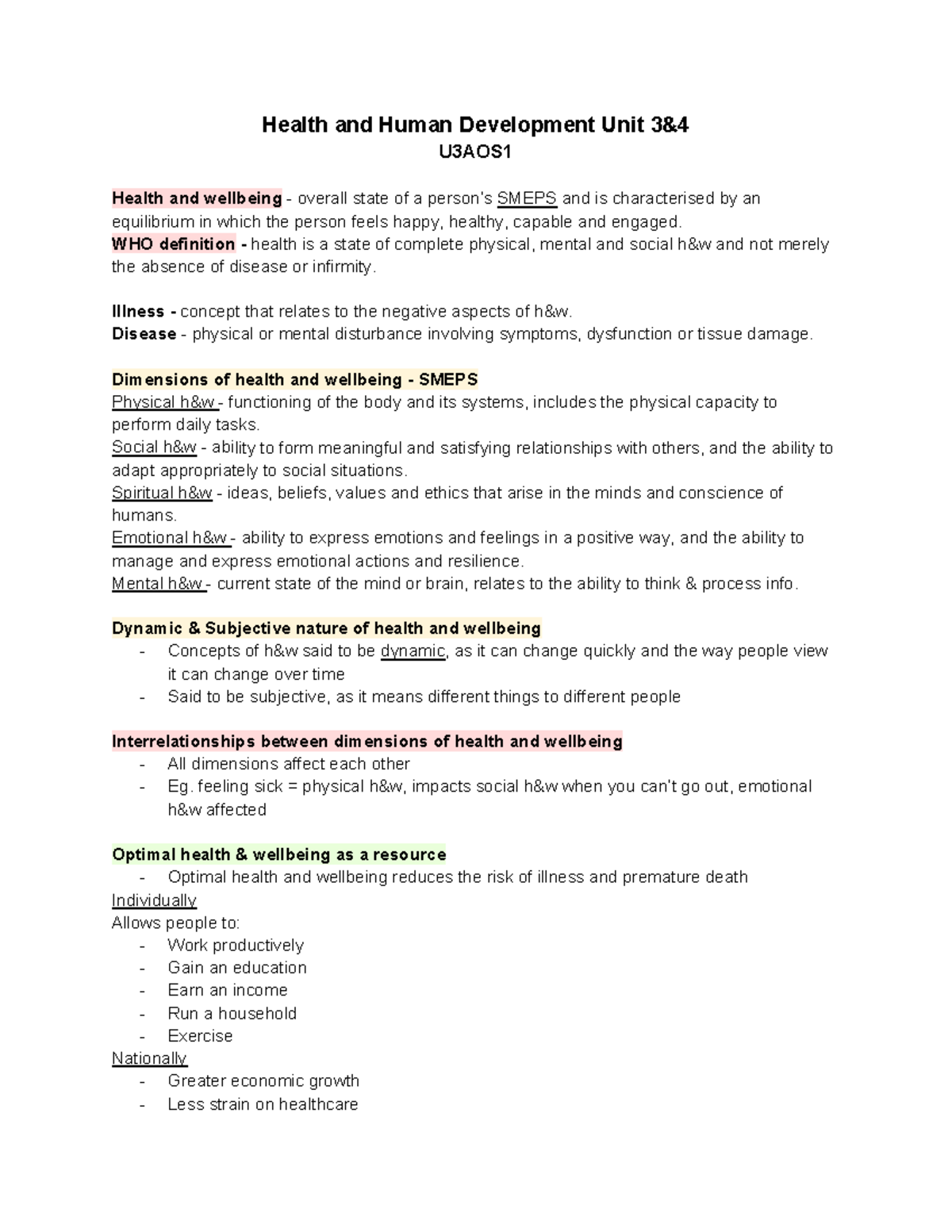 HHD UNIT 3 4 Notes (anonymous) - Health and Human Development Unit 3 ...