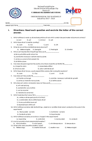 QA PT Science 5 - Q4 V1 - Sample Test Questions and Answer Key - Studocu