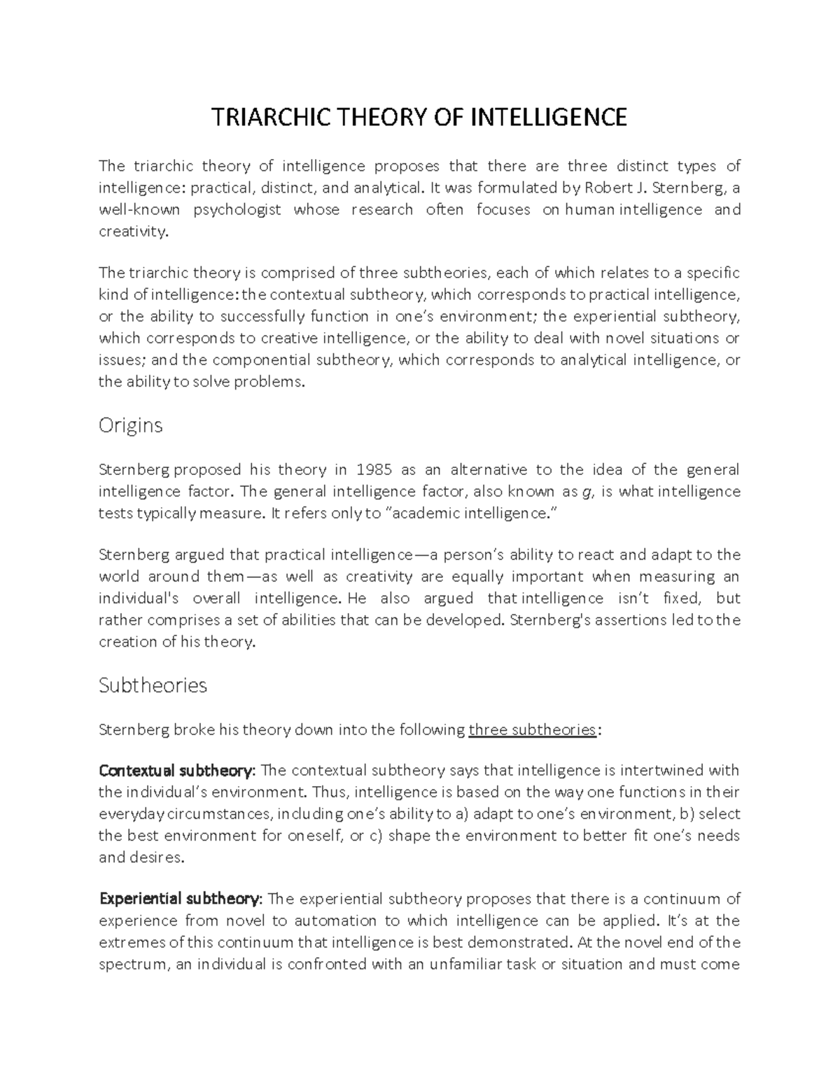 Sternbergs Triarchic Theory of Intelligence - TRIARCHIC THEORY OF ...