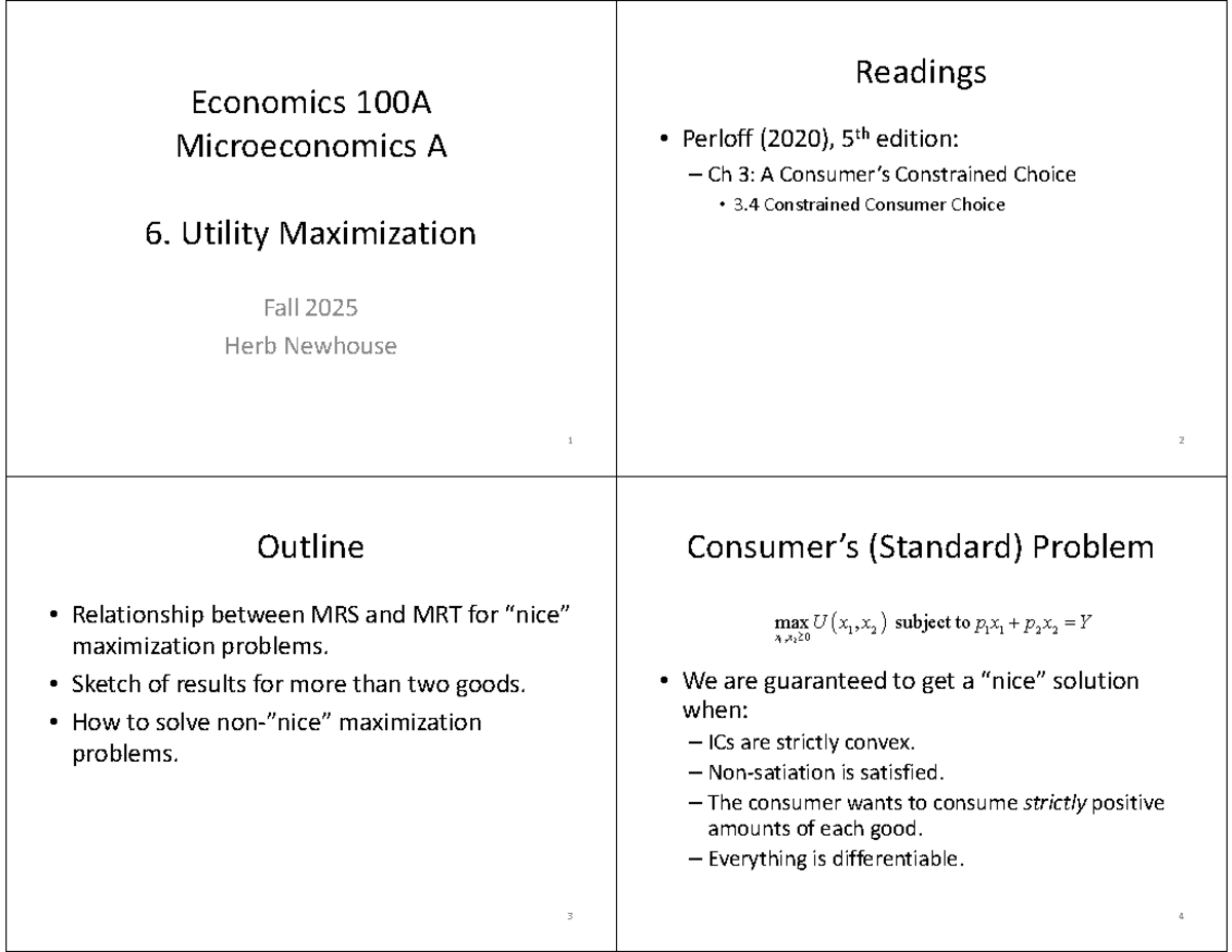 Econ 100A Fall 2025: Utility Maximization and Consumer Choice Notes ...