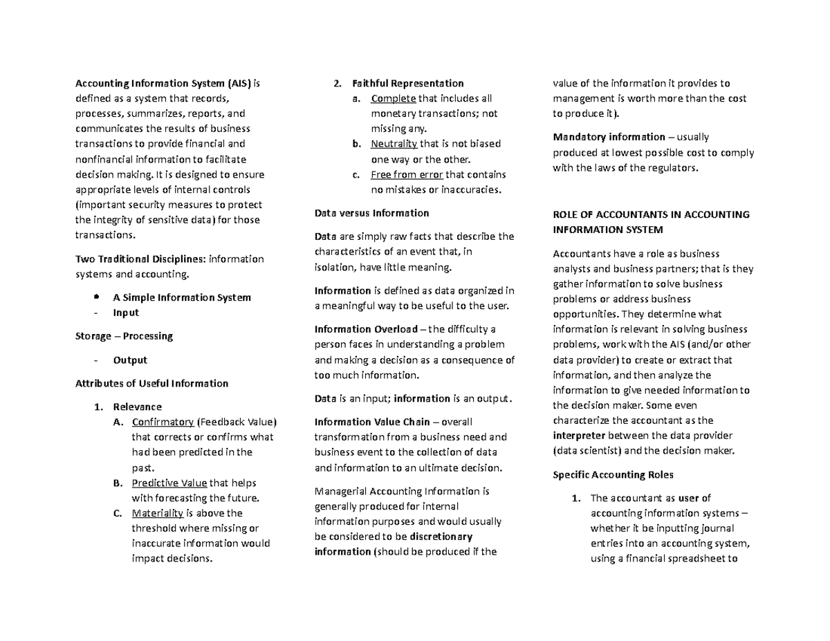 AIS - Chapter 1: Understanding Accounting Information Systems - Studocu