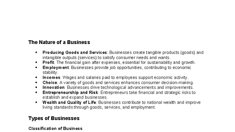 Year 11 Business Study Notes - The Nature of a Business Producing Goods ...