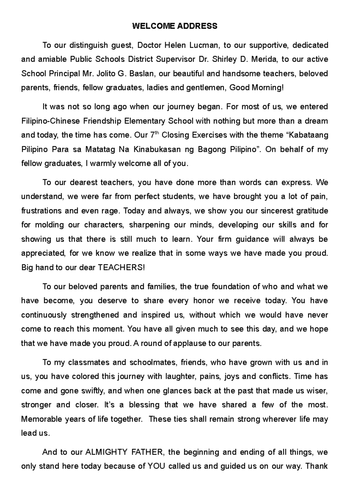 Welcome Address Notes for 7th Closing Exercises - Studocu