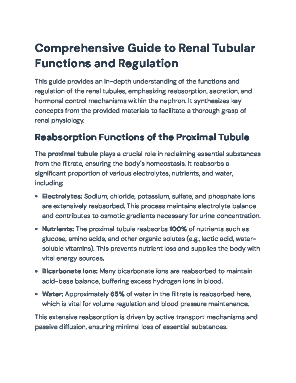 Comprehensive Study of Renal Tubular Functions & Regulation (BIO 301 ...