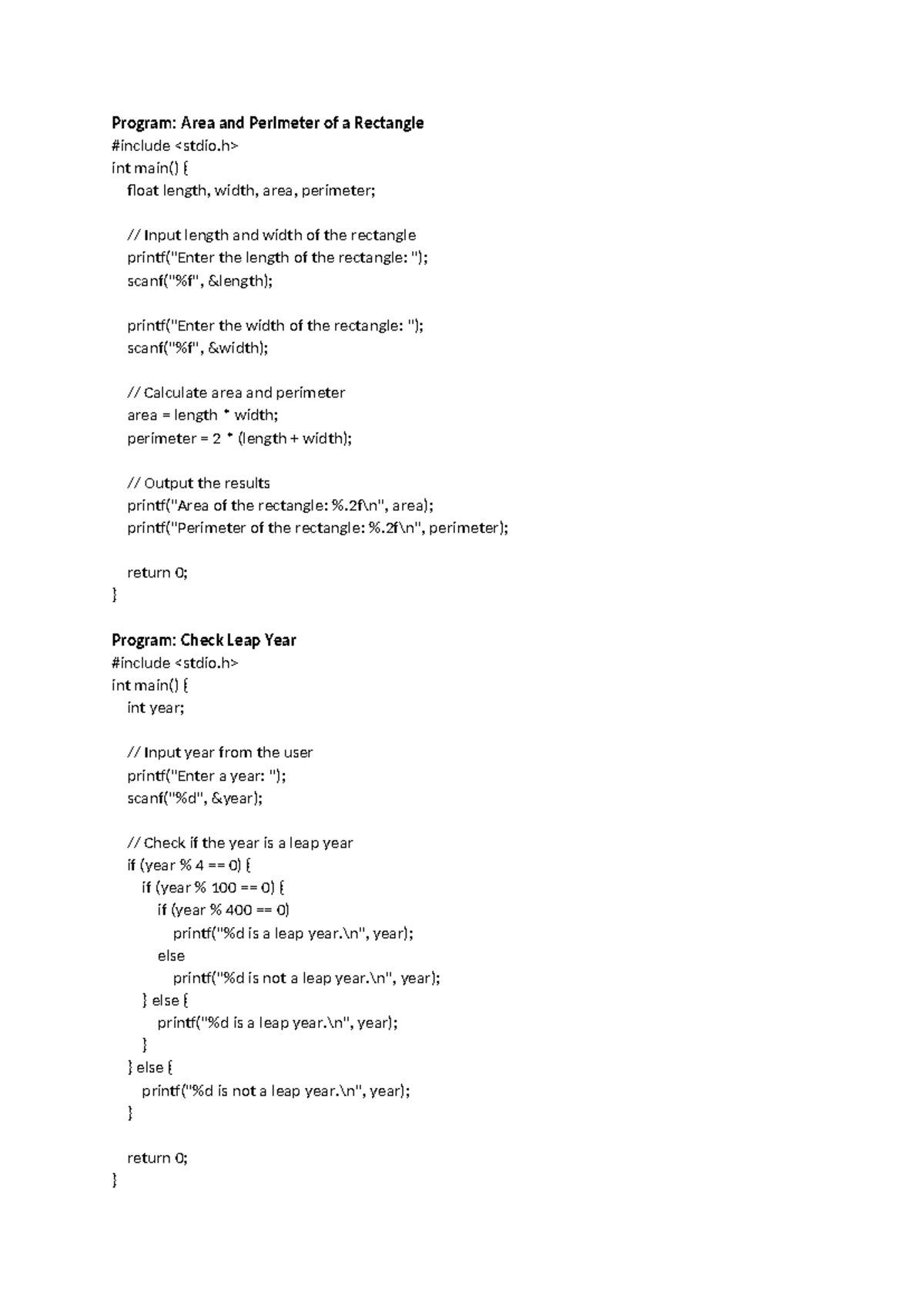 Unit I Programming Concepts - Notes on Area, Leap Year, and More - Studocu