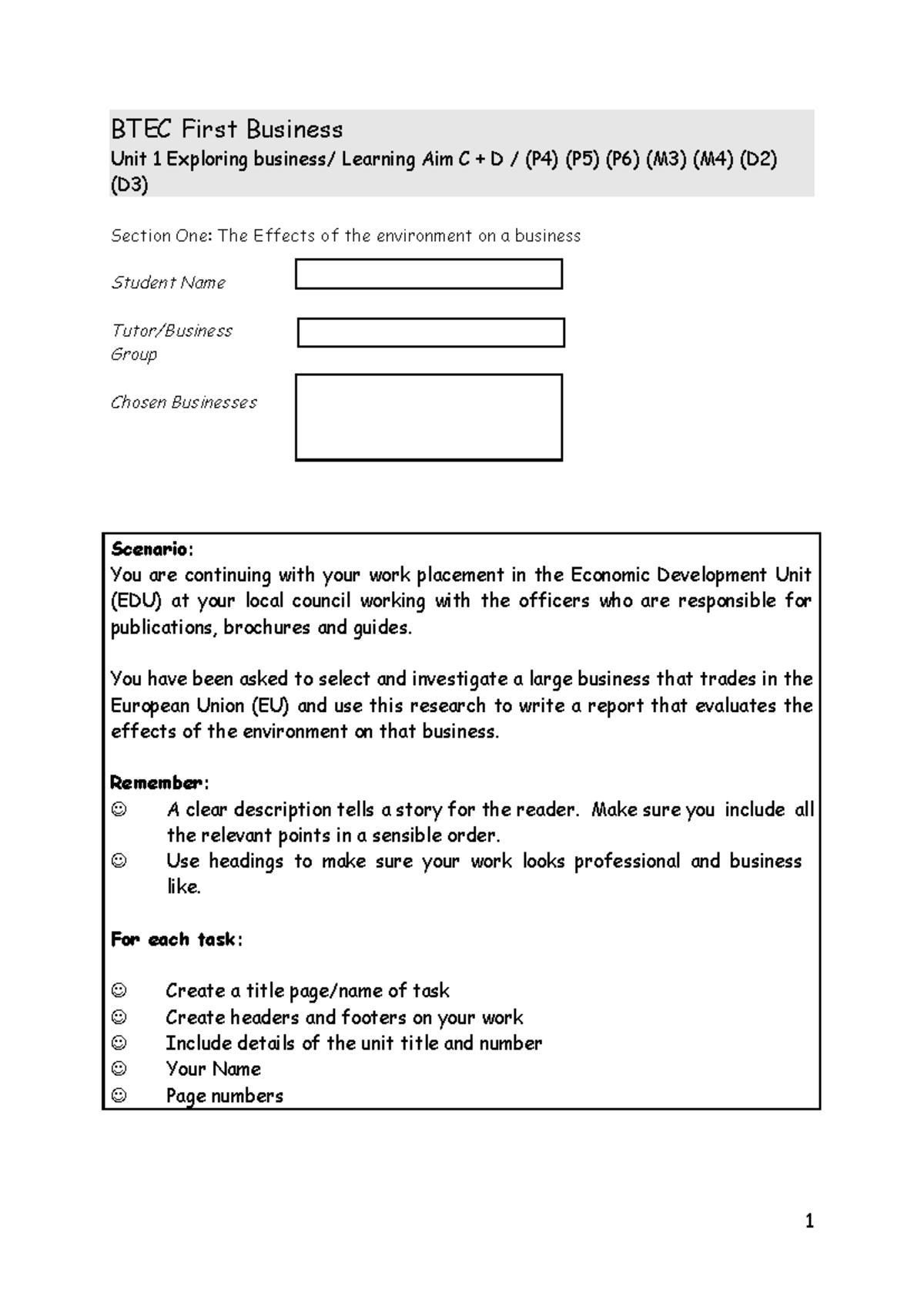 BTEC First Business Unit 1 Assignment Brief: Exploring Learning Aims C ...