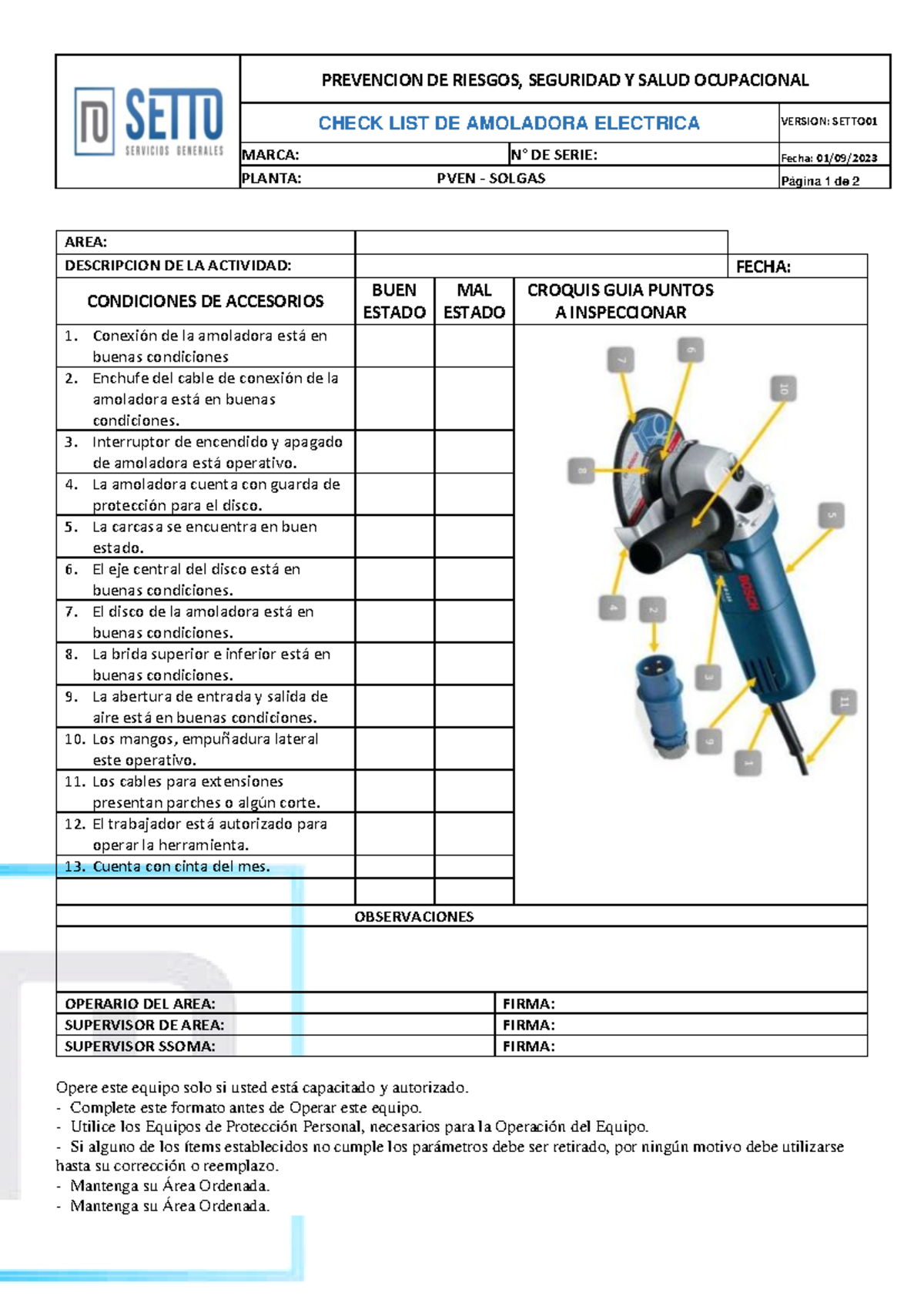 Check List de Amoladora Eléctrica - Seguridad y Salud Ocupacional 2023 - Document Preview