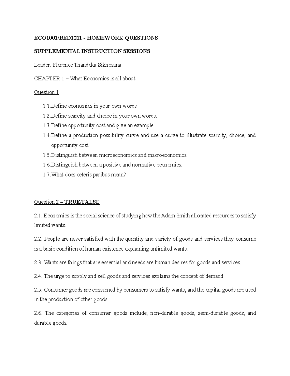 ECO 101: Homework Questions for Supplemental Instruction - Chapter 1 ...