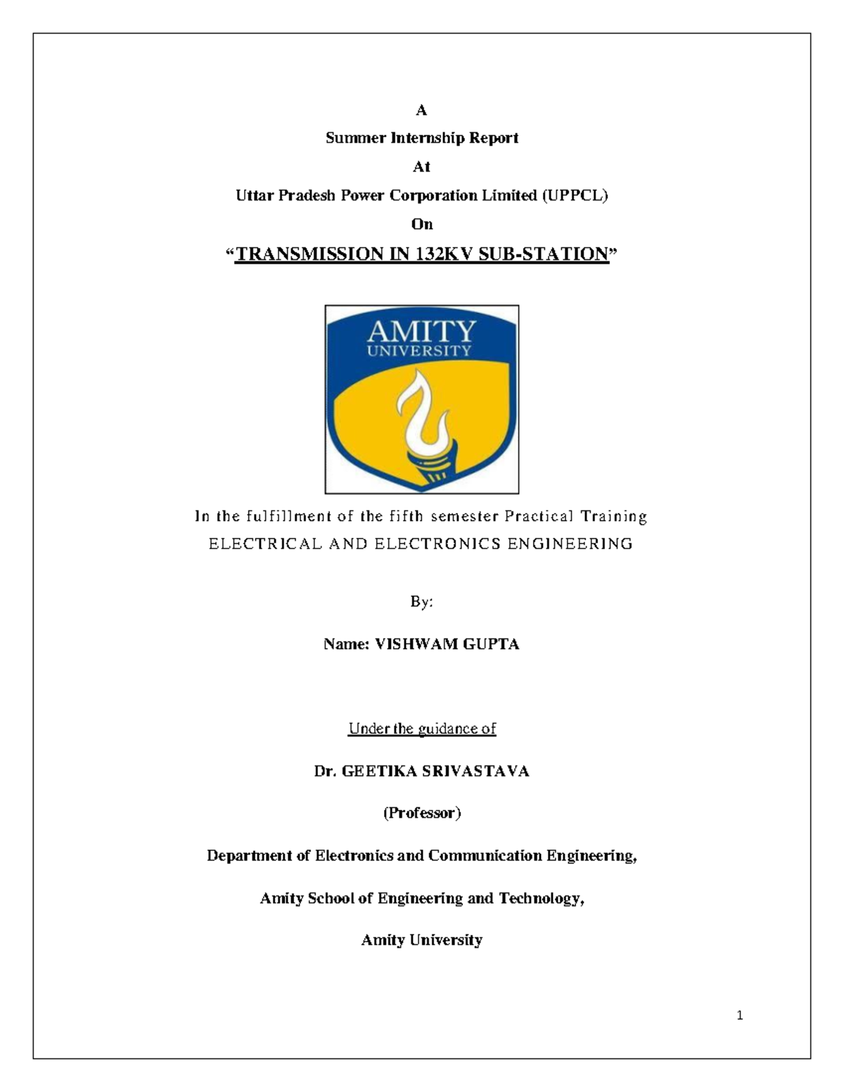 Summer Internship Report on 132KV at UPPCL - B.Tech EEE 5th Sem - Studocu