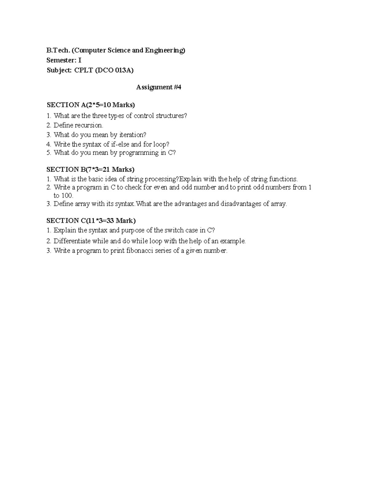 CPLT (DCO 013A) Assignment: Control Structures & C Programming - Studocu