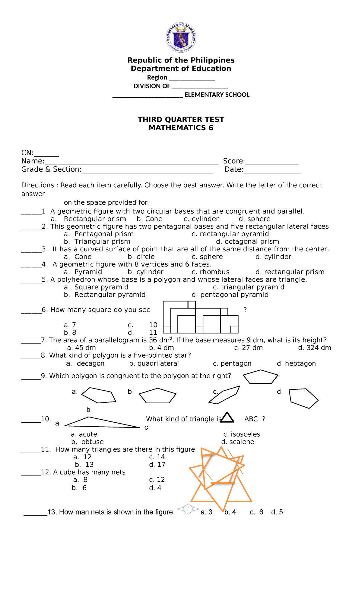 PT-Mathematics-6-Third-Quarter-Test-Review - Studocu