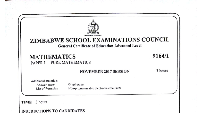 2017 A Level Mathematics Paper 1 - Zimbabwe School Exams - Studocu