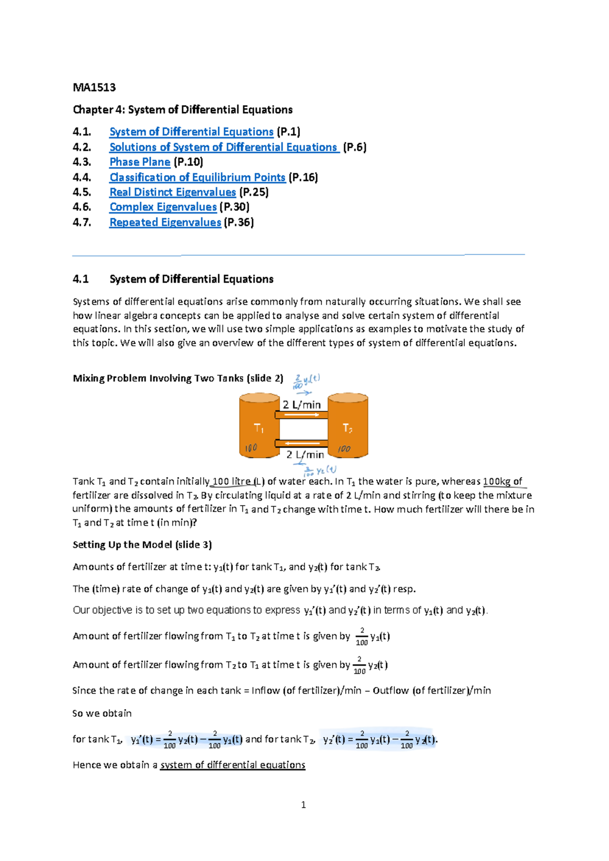 MA1513 chap4 - MA Chapter 4: System of Differential Equations 4. System ...
