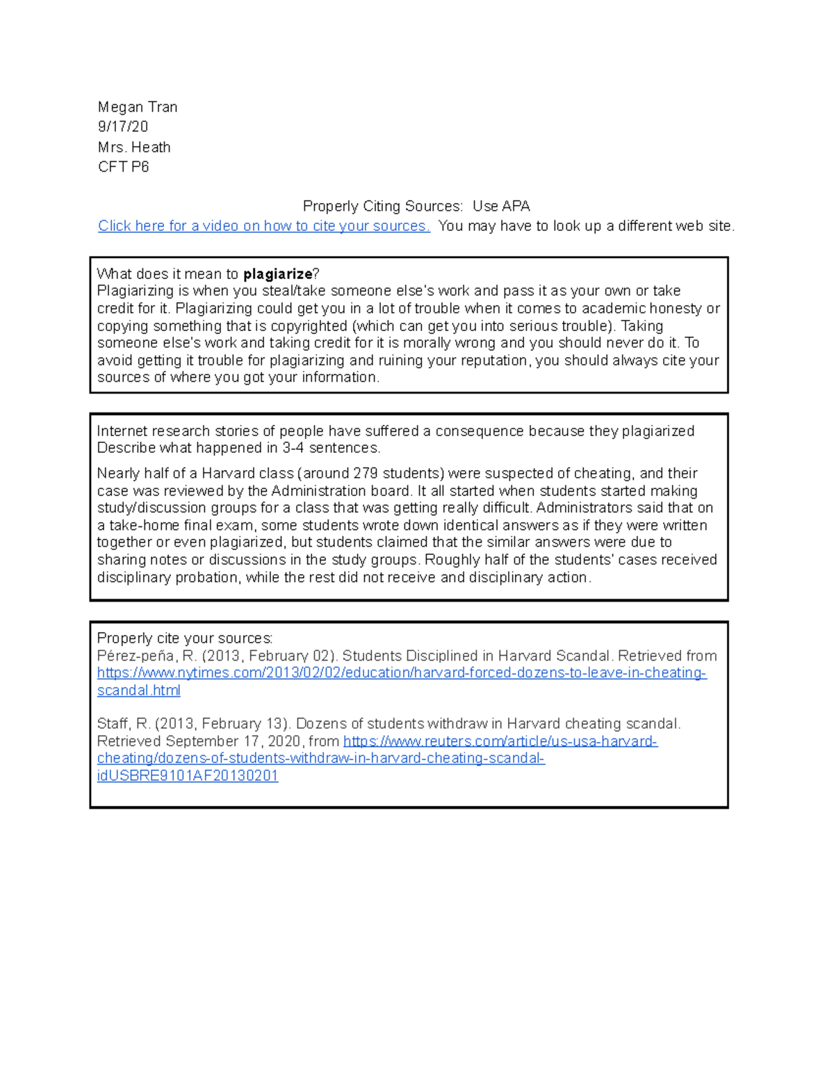 CFT P6 9/17: Proper Citation Guidelines and Plagiarism Avoidance - Studocu
