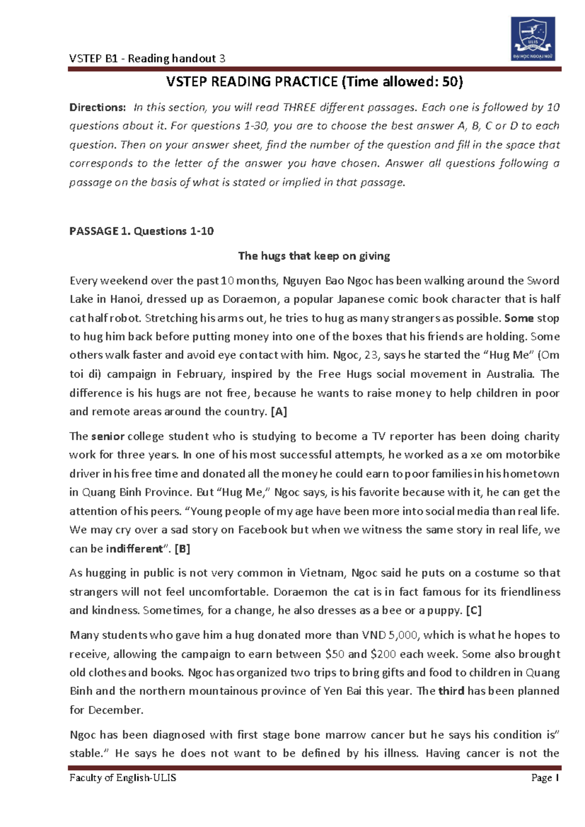 VSTEP Reading Test 1 - Practice Test and Answer Key - Studocu