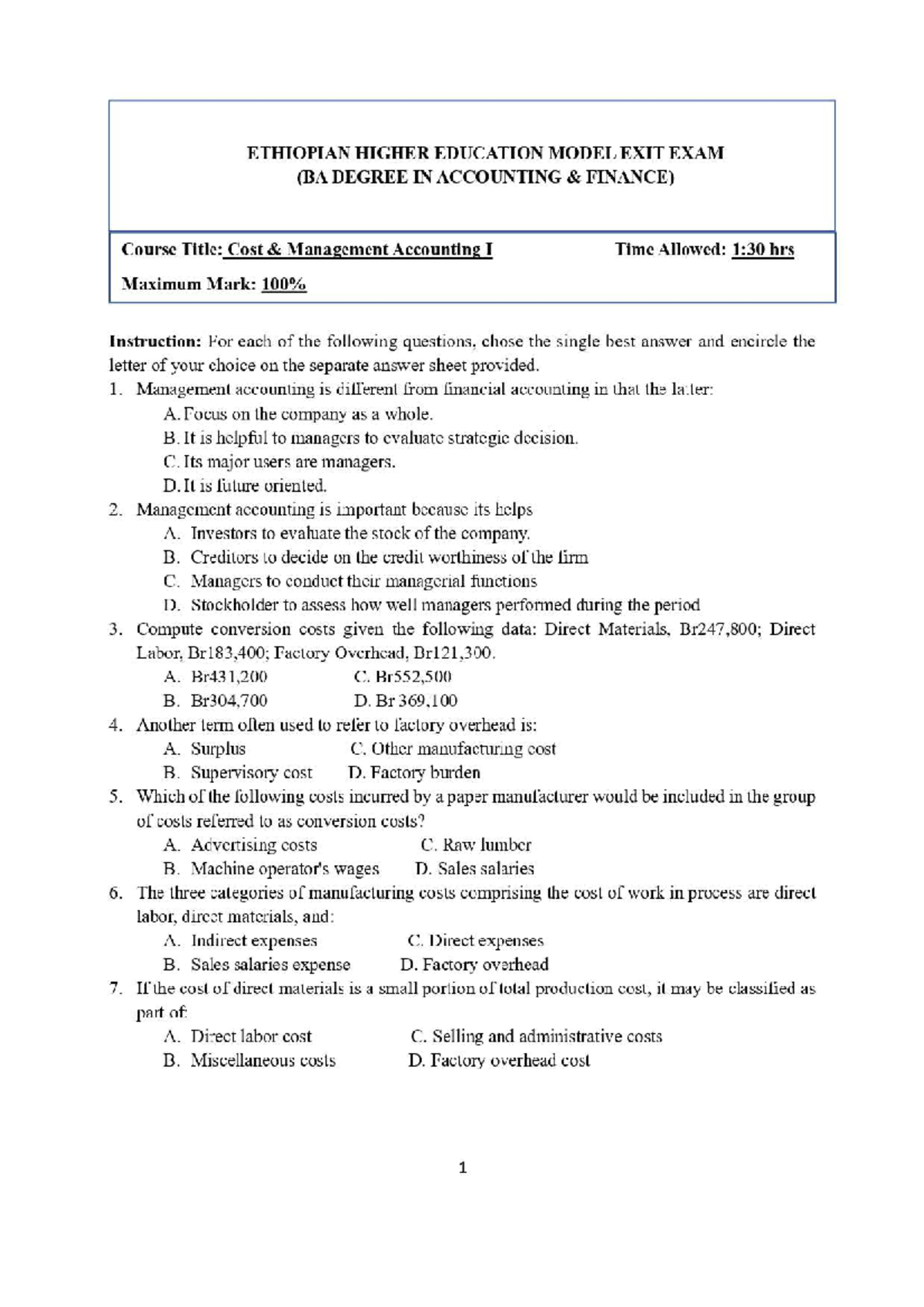 Cost & Management Accounting I Model Exit Exam 2023 - Studocu