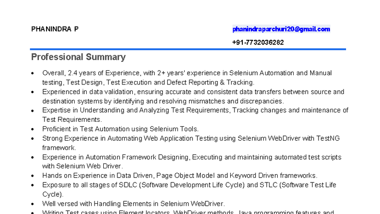 COOL - Phani's Testing Resume: Selenium & Automation Expertise - Studocu