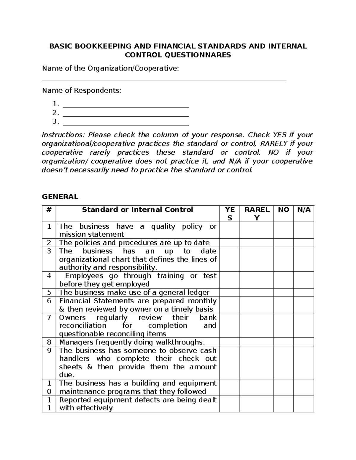 Audit Internal Control Questionnaire for Basic Bookkeeping Standards ...