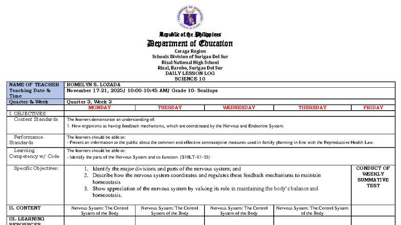 DLL - Science 10 Daily Lesson Log for 3rd Quarter, Week 3 - Studocu