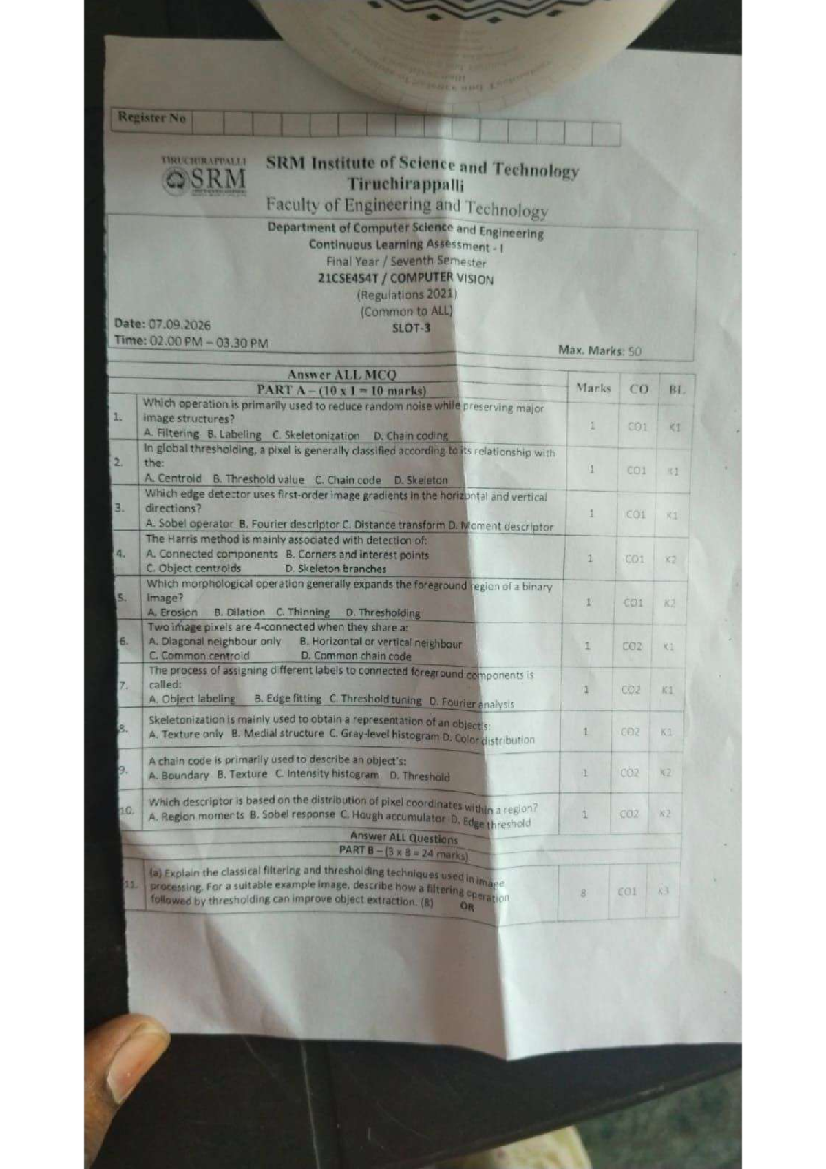 21CSE454T Computer Vision Continuous Learning Assessment I - Question ...