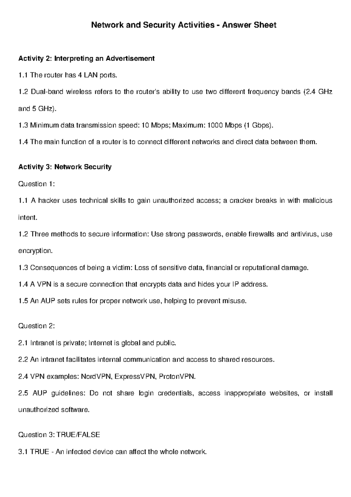 Network Security Activities Answer Sheet - Activity 2 & 3 - Studocu