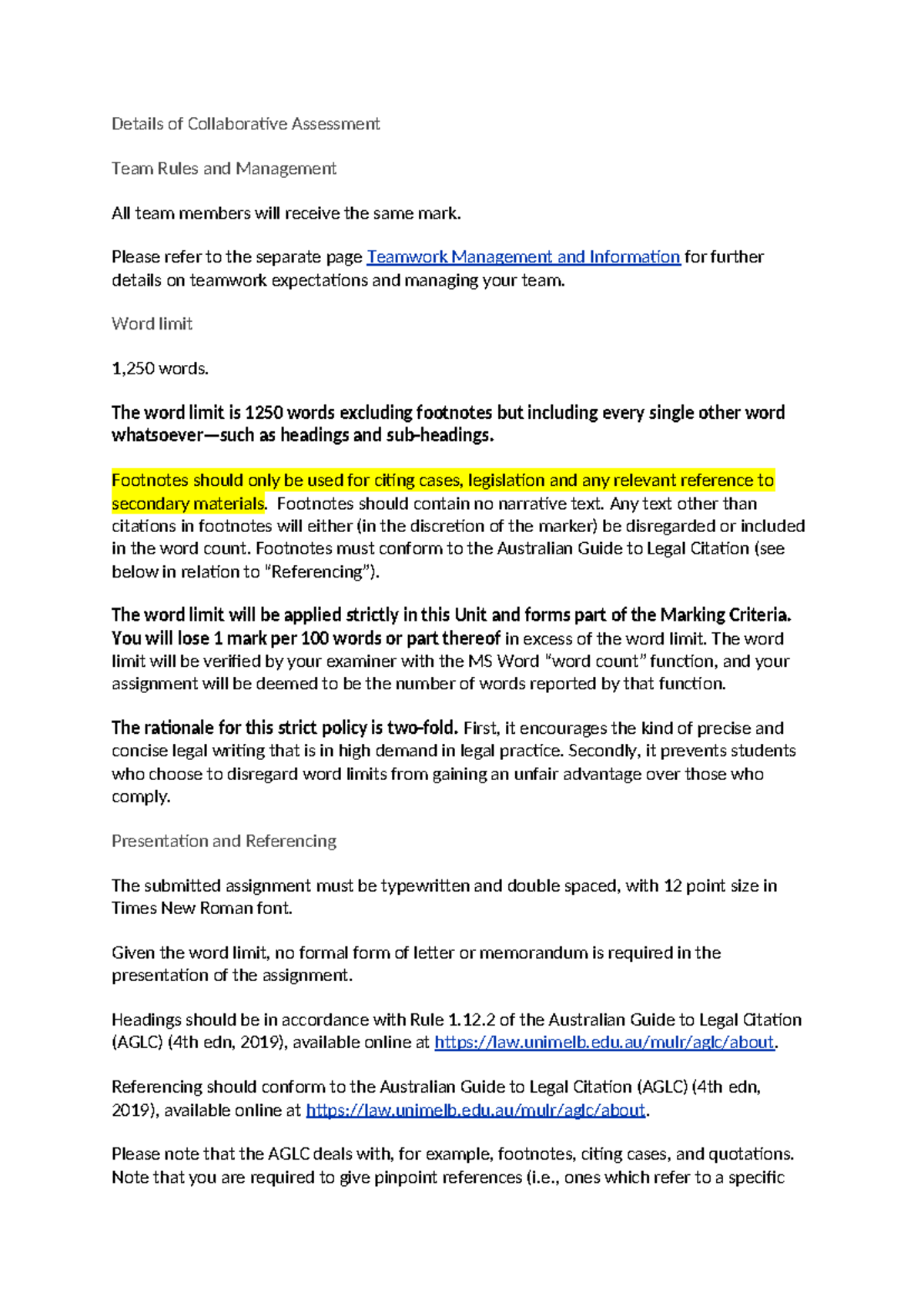 Details of Collaborative Assessment - Please refer to the separate page ...