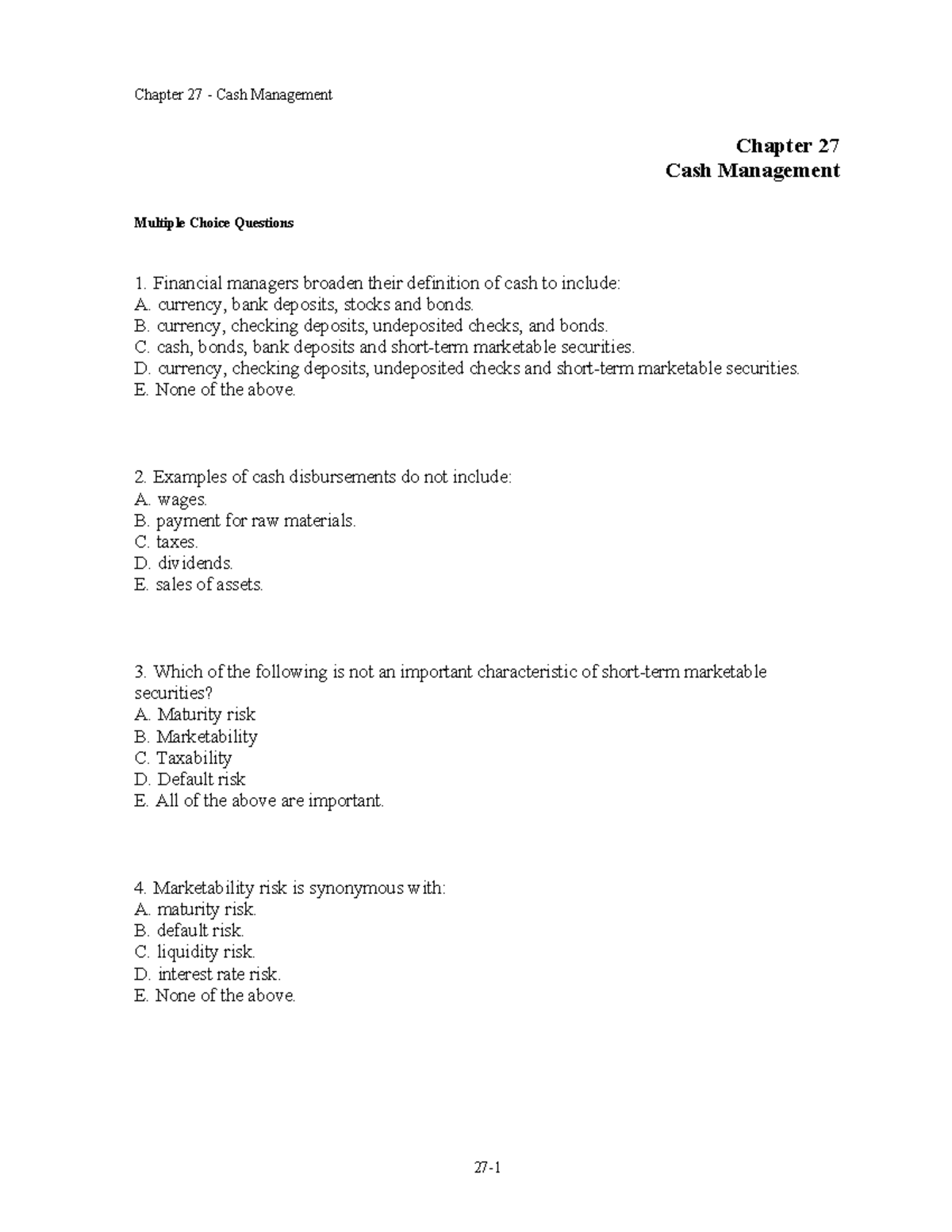 Chapter 27 Cash Management: Multiple Choice Questions and Answers - Studocu