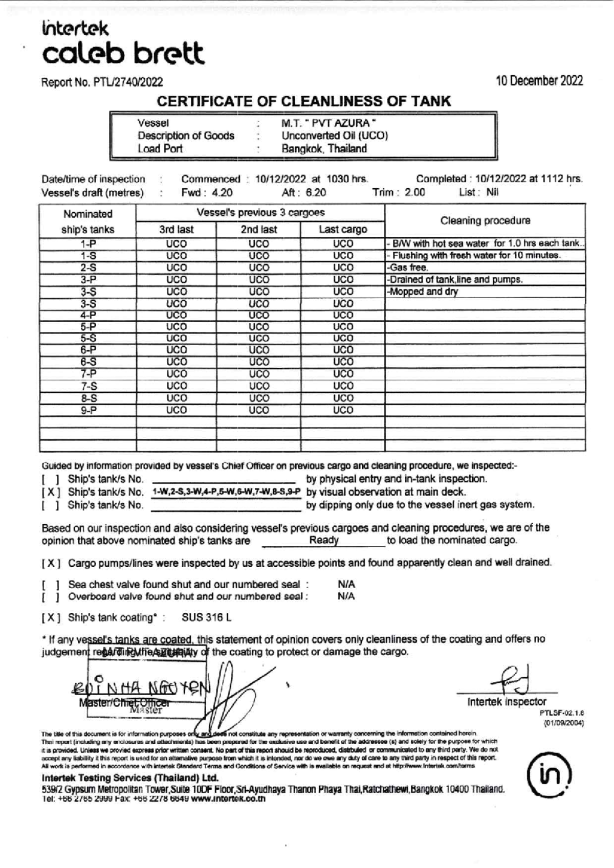 Intertek Report No. 10: Certificate of Cleanliness for M.T. PVT - Studocu