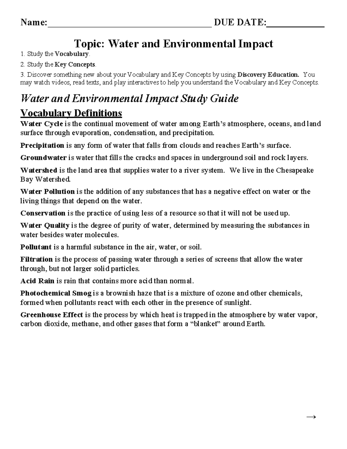 Water and Environmental Impact Study Guide: Key Vocabulary & Concepts ...