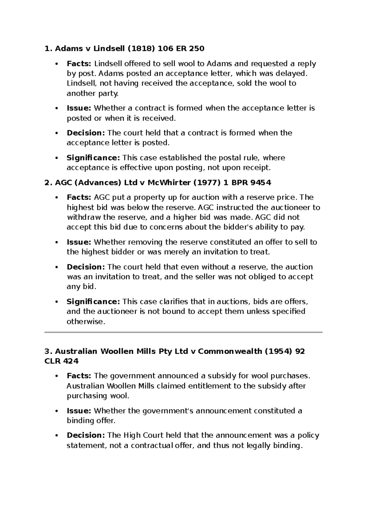 Case Summaries and Legal Principles for LLB202 Contracts - Studocu