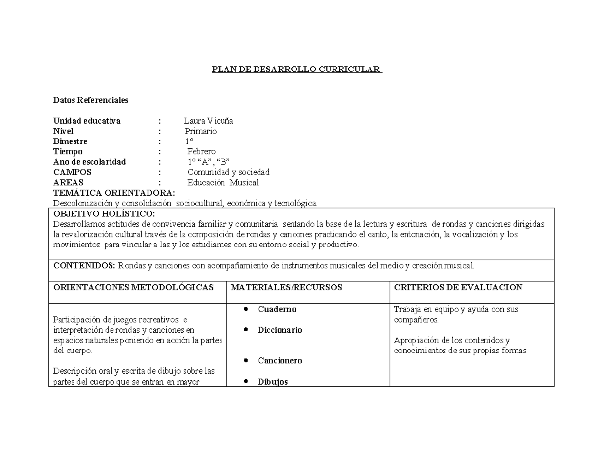 PDC Música 1° - Plan de Desarrollo Curricular Bimestre 1 & 2 - Studocu