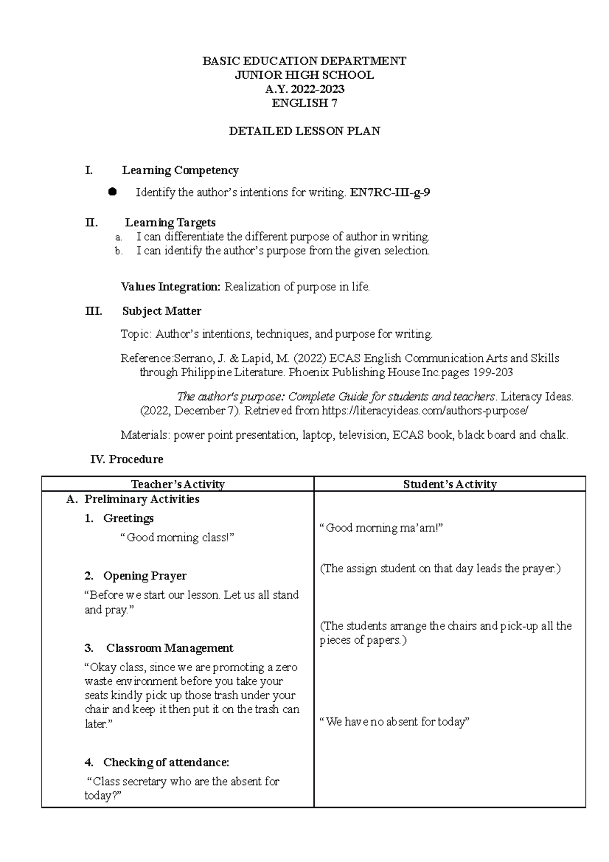 Author's Purpose DLP - Detailed Lesson Plan for English 7 (A.Y. 2022 ...