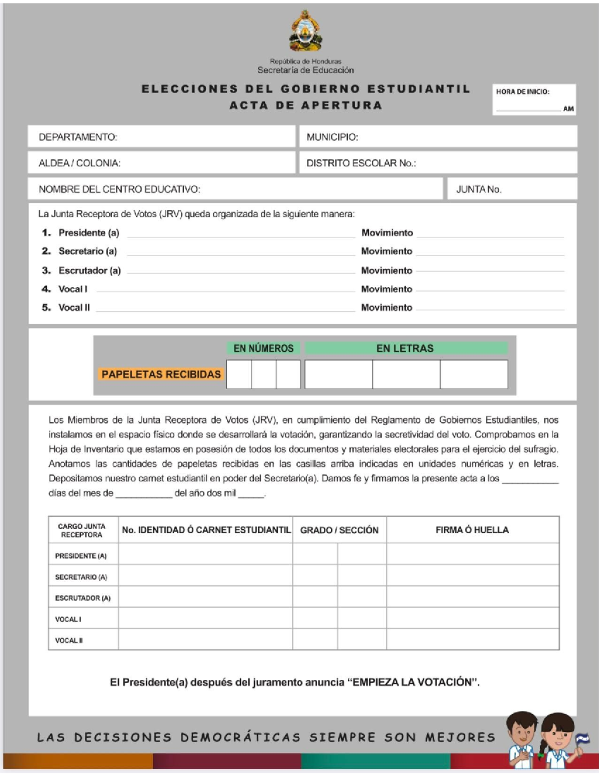 Acta de Apertura para Elecciones del Gobierno Estudiantil en Honduras ...