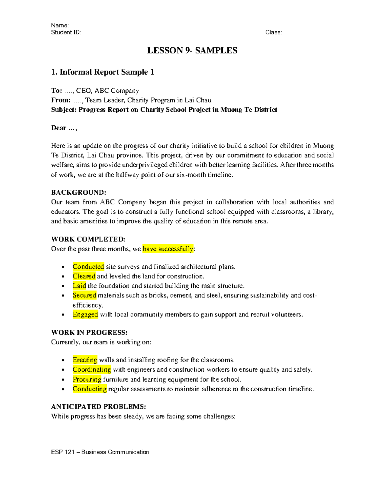 ESP 121 Informal Report Writing Samples and Examples - Studocu