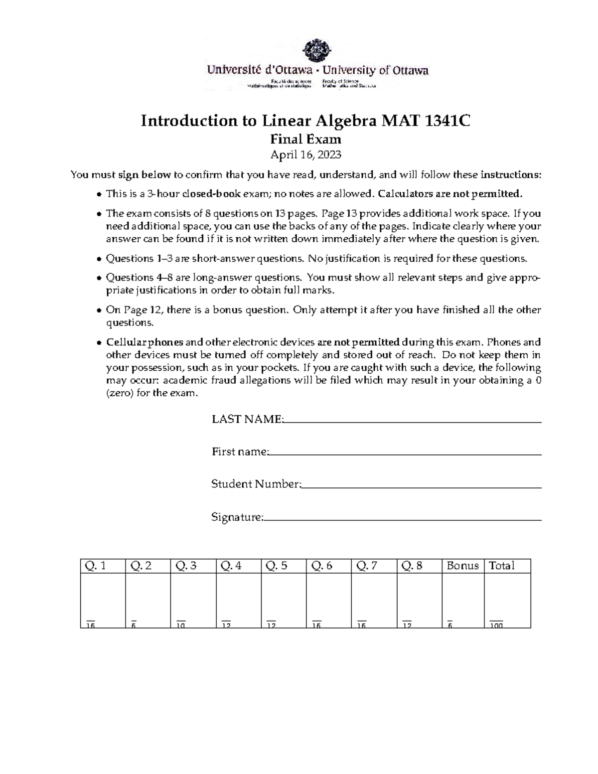 Introduction to linear algebra MAT 1341C final exam instructions and ...
