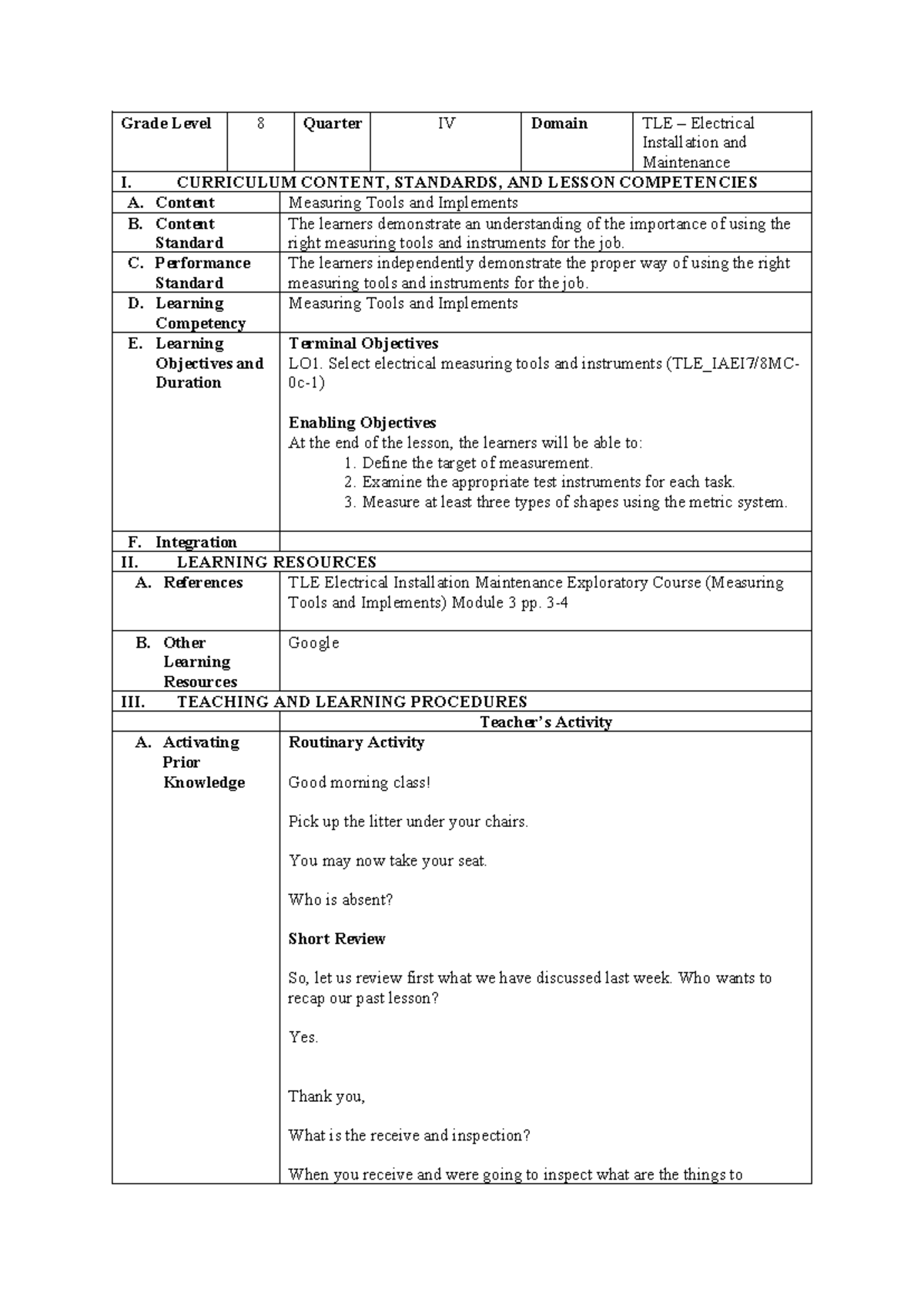 LP 3 - Lesson Plan for TLE Electrical Installation & Maintenance - Studocu