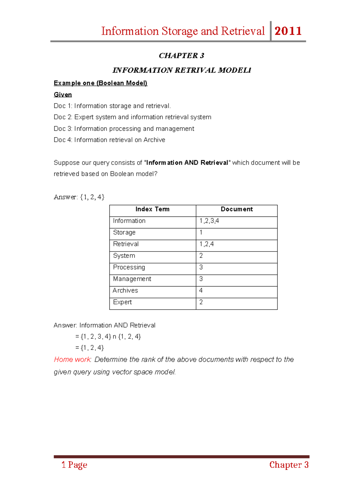 Information Storage and Retrieval 2011: Chapter 3 Models Overview - Studocu