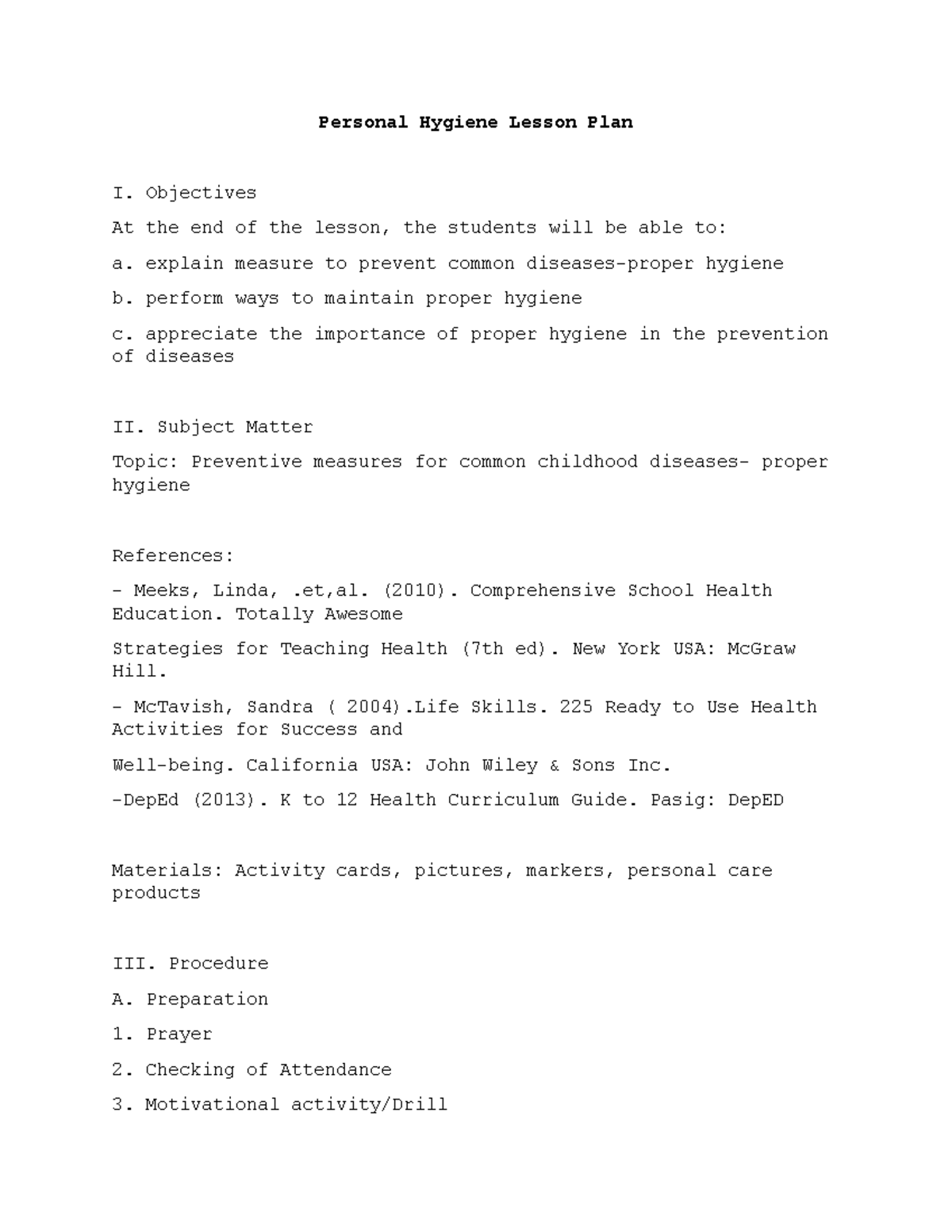 Lp - Personal Hygiene Lesson Plan for Preventive Health Education - Studocu