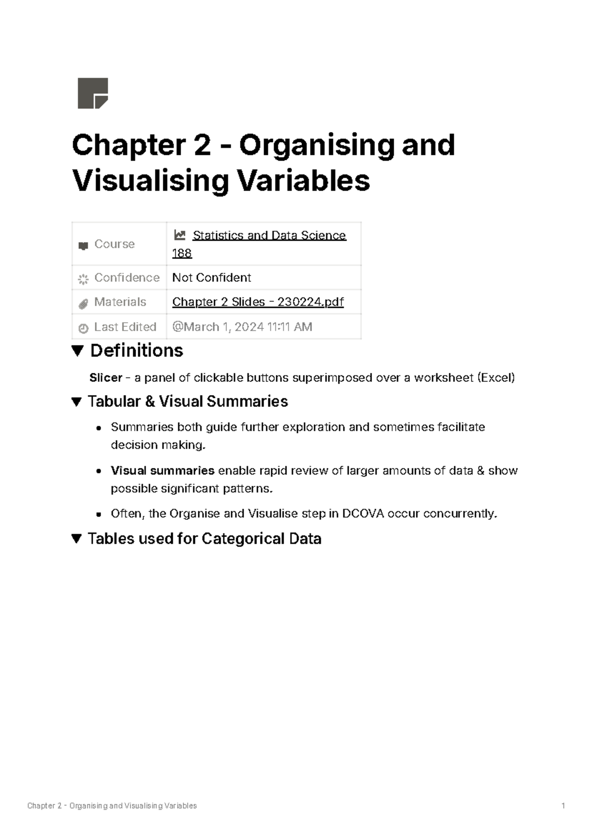 Chapter 2 Summary Notes: Organising and Visualising Variables (STAT 188 ...