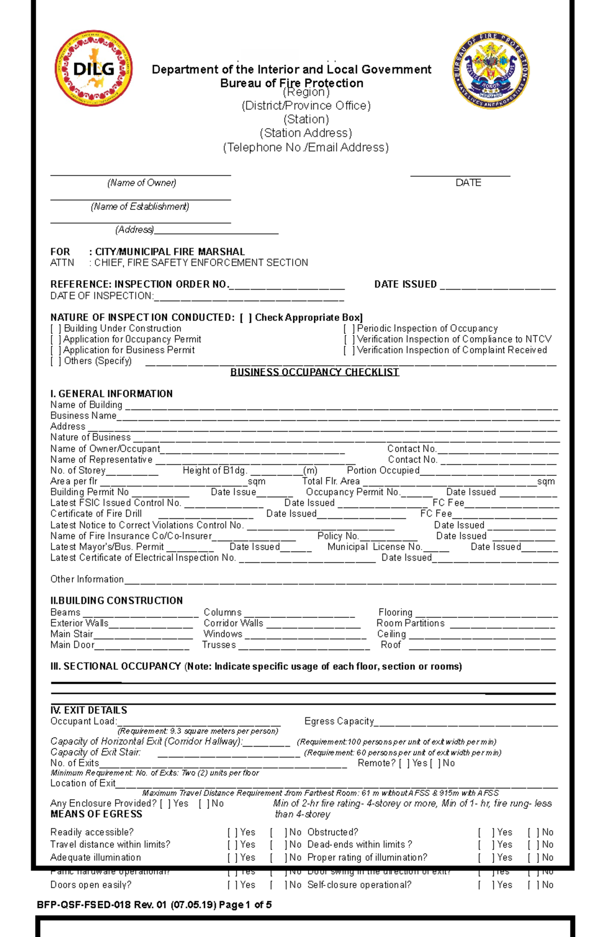 FSED 018 Business Occupancy Inspection Checklist - Rev 1 - Studocu