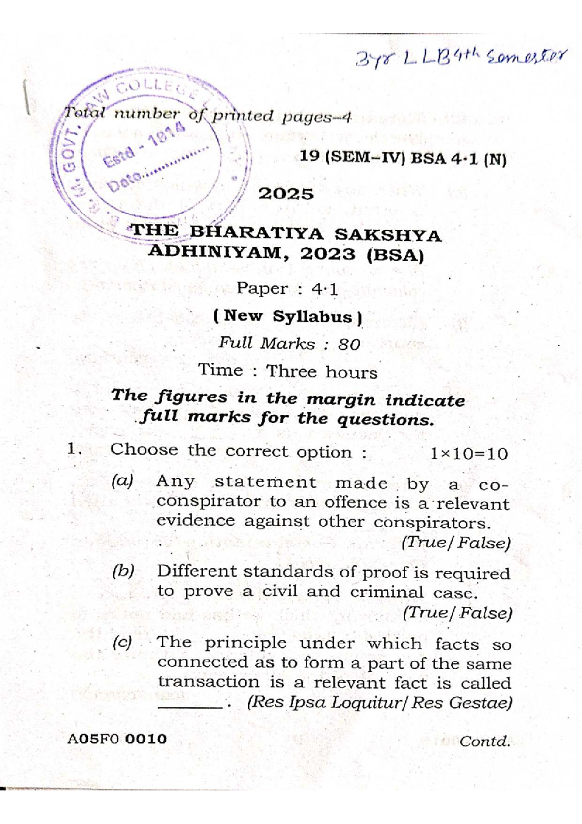 BSA 4.1 (N) 2023 Exam Notes: Bharatiya Sakshya Adhiniyam Insights - Studocu