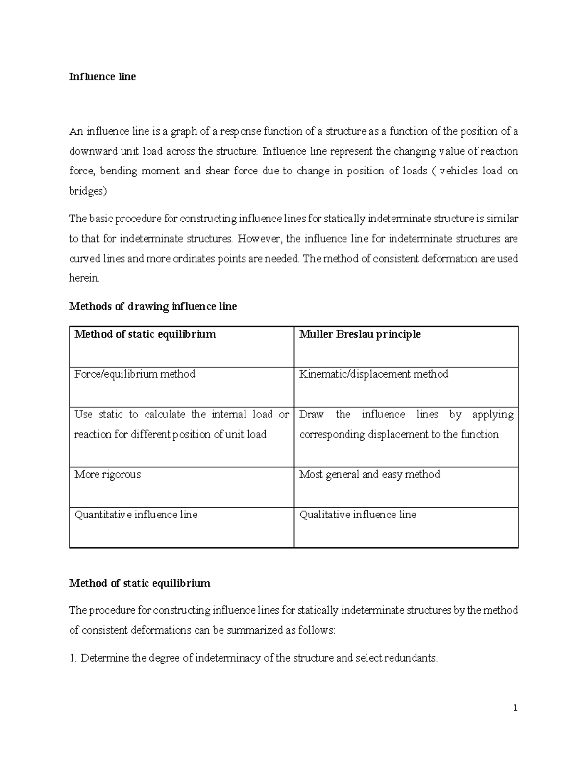 Influence Line Analysis for Indeterminate Structures (ENG 301) - Studocu