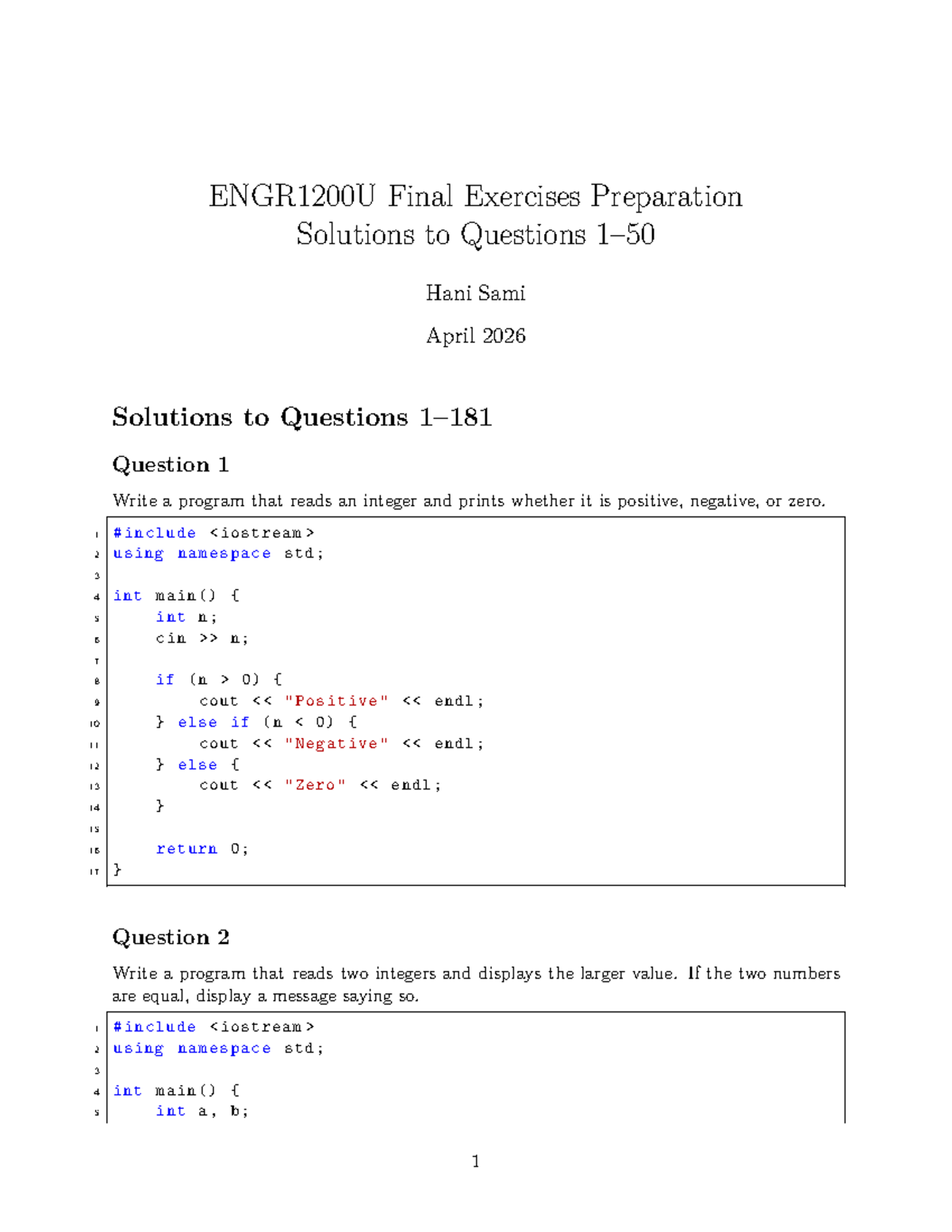 ENGR1200U Final Exam Solutions for Programming Exercises - Studocu