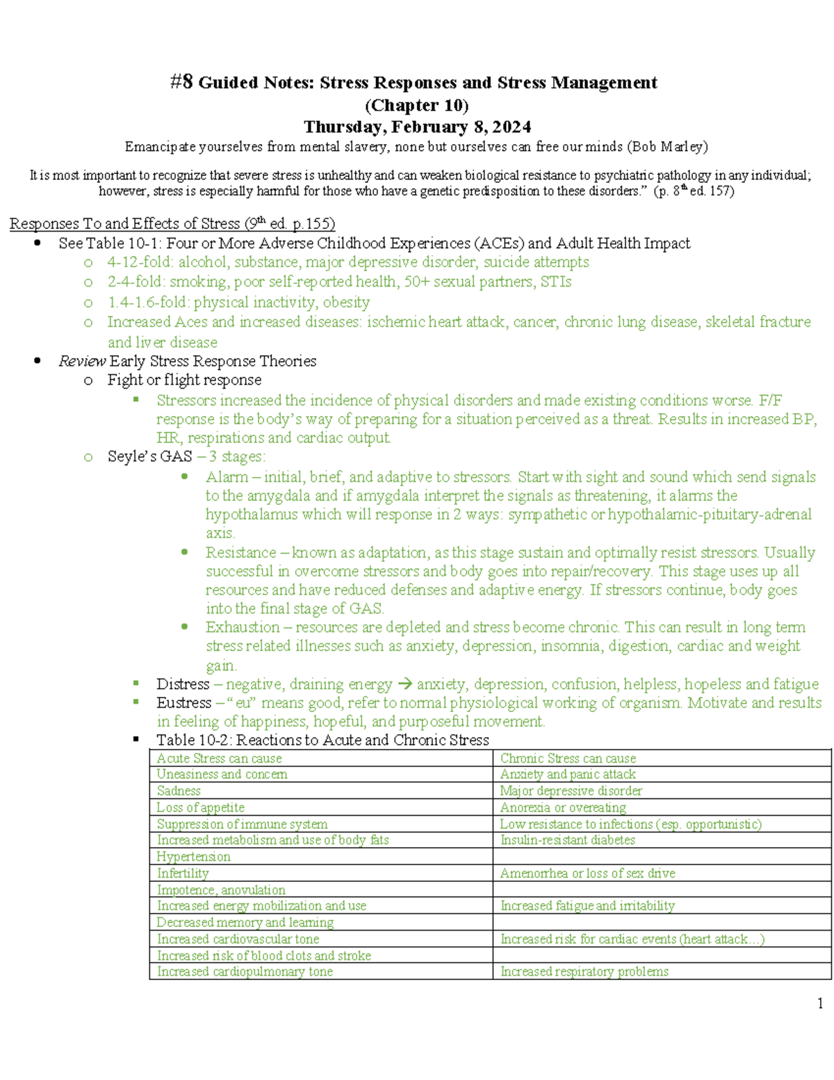 Guided Notes 8 - Lecture on Stress Responses & Management - Studocu