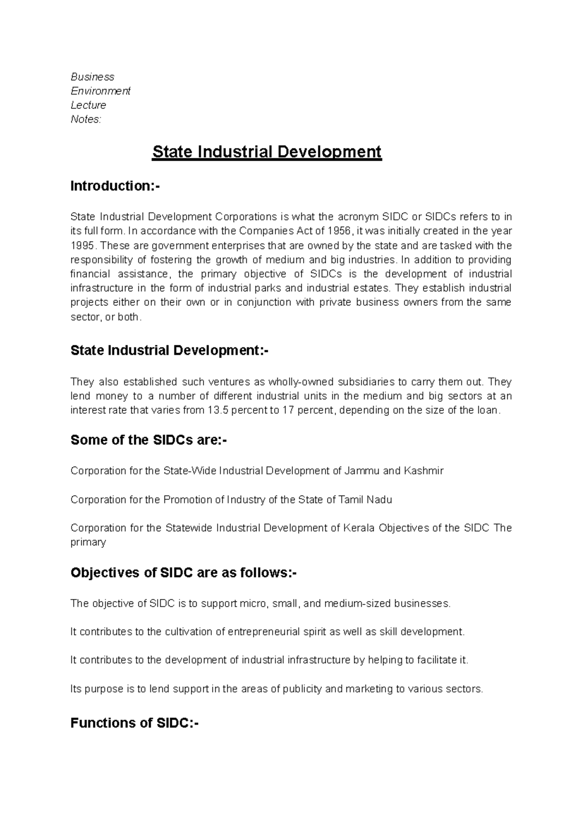 SIDC: Lecture Notes on State Industrial Development and Its ...